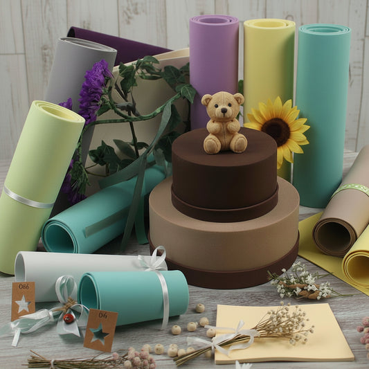carta eva shop colori fommy 2 mm gomma crepla spessa morbida modellabile verde salvia marrone scuro viola vaniglia tiffani-chiaro e scuro verde pastello uso lavoretti creativi bambini fiori giganti torte scenografiche compleanno