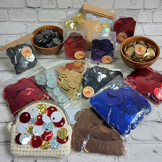 vetrina colori grandi giganti paillettes da 25 mm foro 5 mm per borse uncinetto pochette di fettuccia thai lycra lurex clutch bags crochet knitting chunky