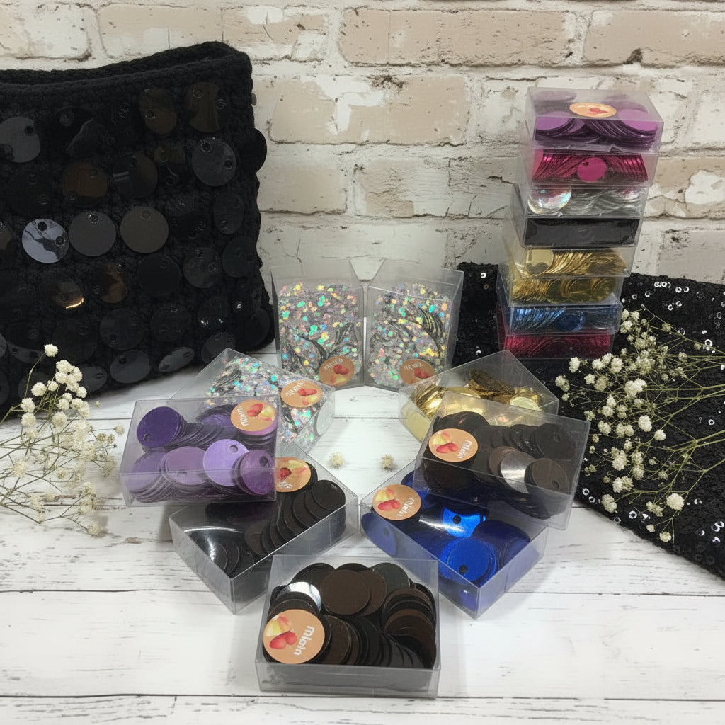 vetrina colori grandi giganti paillettes da 25 mm foro 5 mm per borse uncinetto pochette di fettuccia thai lycra lurex clutch bags crochet knitting chunky