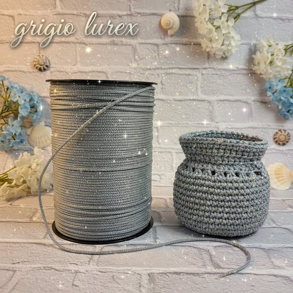 grigio argento tripolino thai cordino lurex brillantinato lamè glitter per bijoux borse uncinetto progetti amigurumi crochet cordoncino Natale bags luccicanti dorate clutch pochette sera cerimonia