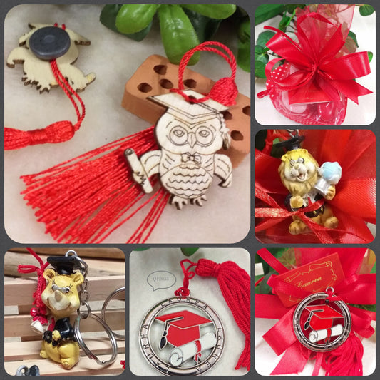 gufo laurea bomboniera legno eco green magnete calamita confezione confetti portachiavi leoncino dotto laureato ciondolo simboli tocco pergamena scritta