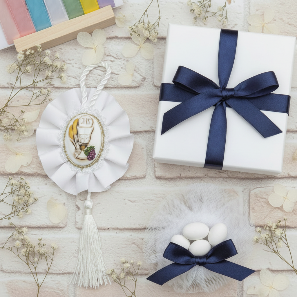 come confezioniamo bomboniera comunione cresima calice coccarda icona bianca nappina cordoncino con scatola bianca nastro blu pompon sacchettino tulle 5 confetti e fiocchetto campionario nastrini a scelta