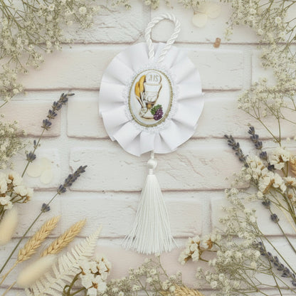 segnaposto bomboniera comunione cresima calice coccarda icona bianca nappina cordoncino