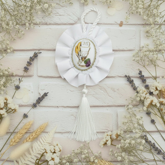 segnaposto bomboniera comunione cresima calice coccarda icona bianca nappina cordoncino