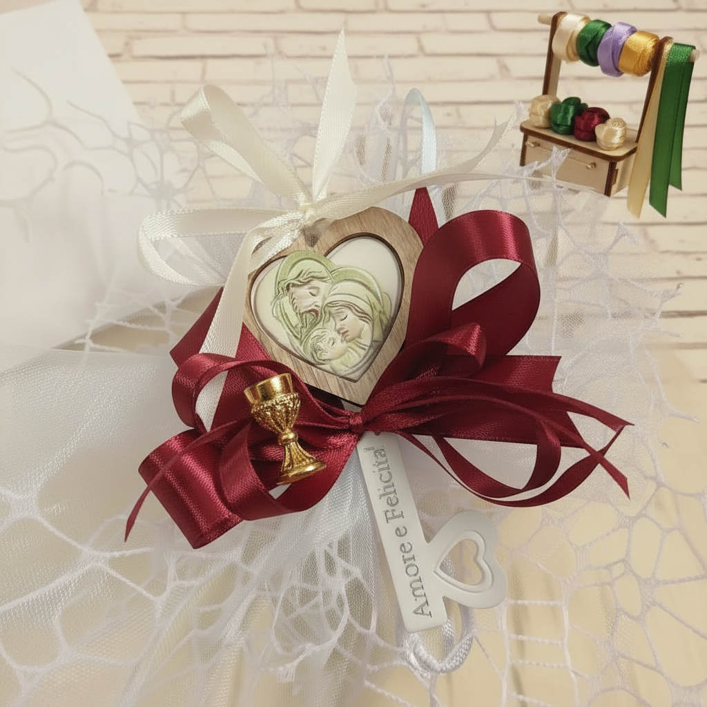 bordeaux e scelta colori comunione cresima maschietto bambina bambino bomboniera chiave icona religiosa sacra confezionata confetti sacchetto a rete artigianale coccarda