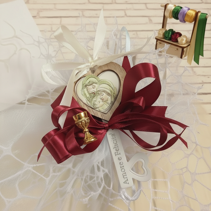 bordeaux e scelta colori comunione cresima maschietto bambina bambino bomboniera chiave icona religiosa sacra confezionata confetti sacchetto a rete artigianale coccarda