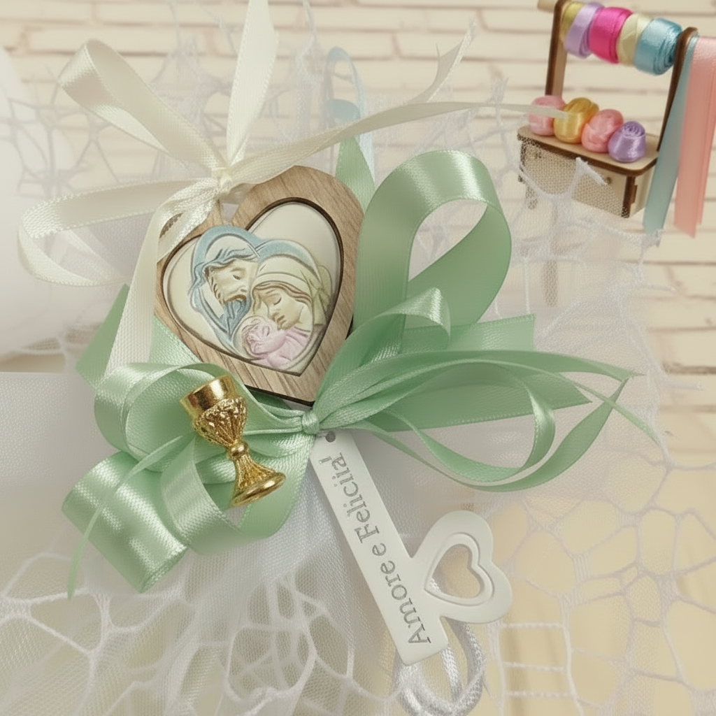 verde salvia e scelta colori comunione cresima maschietto bambina bambino bomboniera chiave icona religiosa sacra confezionata confetti sacchetto a rete artigianale coccarda
