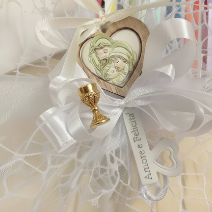 bianco e scelta colori comunione cresima maschietto bambina bambino bomboniera chiave icona religiosa sacra confezionata confetti sacchetto a rete artigianale coccarda