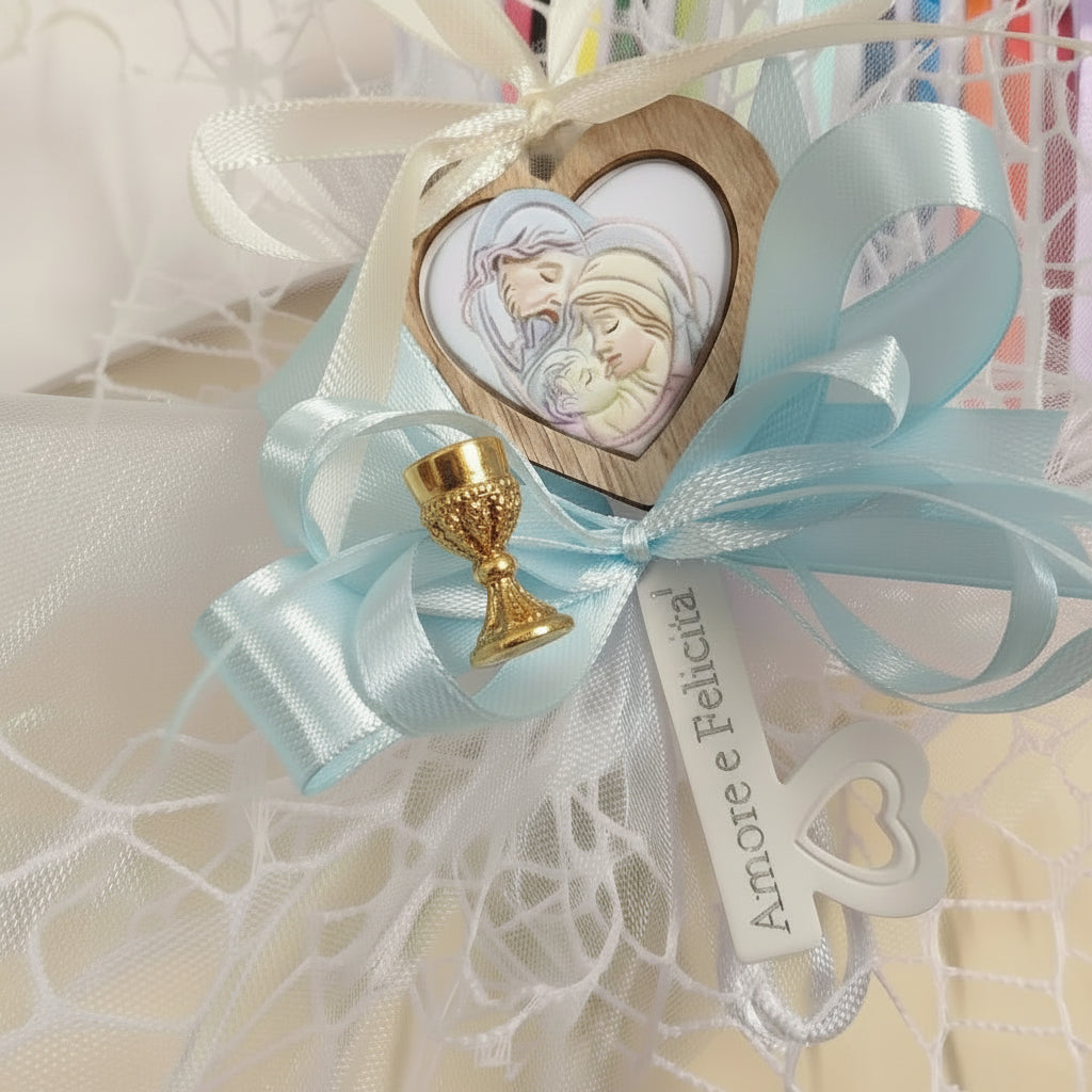 scelta colori comunione cresima maschietto bambino bomboniera chiave icona religiosa sacra confezionata confetti sacchetto a rete artigianale coccarda azzurra