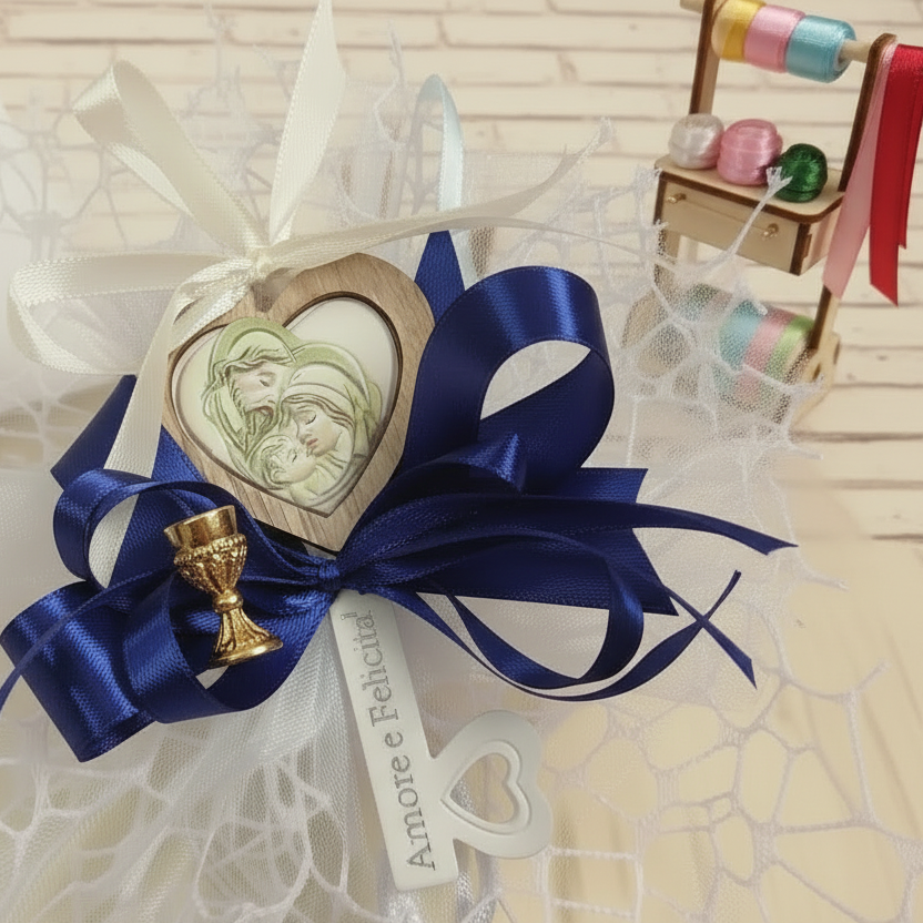 blu e scelta colori comunione cresima maschietto bambina bambino bomboniera chiave icona religiosa sacra confezionata confetti sacchetto a rete artigianale coccarda