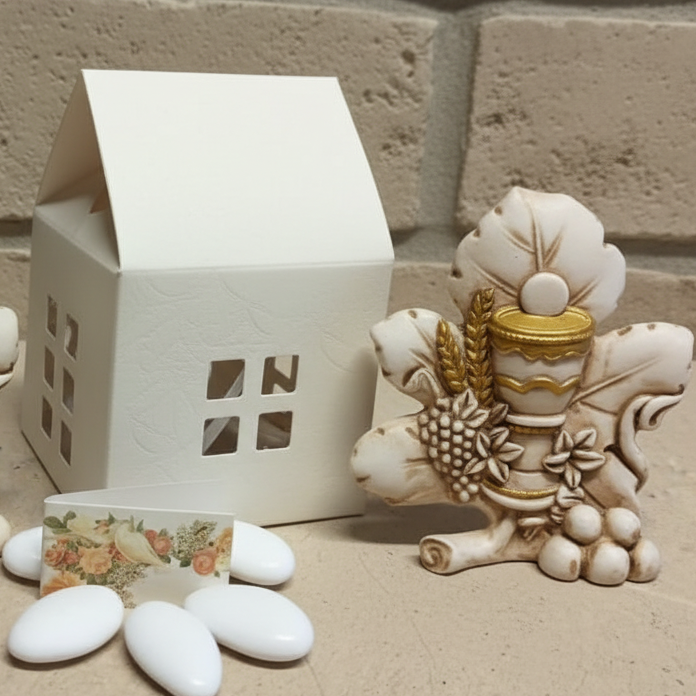 scatola casetta bianca per icona simboli Comunione calice uva Spighe Cresima bomboniera personalizzata confezionata o da confezionare fai da te bigliettino confetti coccarda