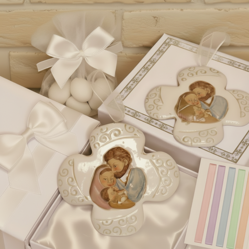 confezionamento artigianale icona  Comunione Cresima insieme bomboniera sacra religiosa ricordino Sacra Famiglia Croce di porcellana da appendere confezionata confetti tulle scatola astuccio e packaging maschio ragazzo femmina bambina ragazza bianco o colore pastello