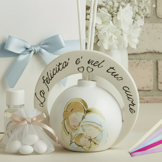 packaging colori marshmallow per icona moderna Sacra Famiglia bomboniera religiosa utile diffusore ambiente profumatore confezionata scatola nastro sacchetto tulle di confetti essenza profumata scelta colori nastrino , allestimento Prima Comunione Battesimo Santa Cresima matrimonio anniversario nozze