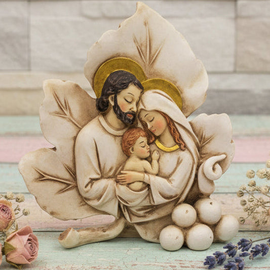 icona forma foglia particolare originale bomboniera sacra famiglia religiosa oggetto ricordino resina ceramica da confezionare per matrimonio battesimo comunione cresima battesimo