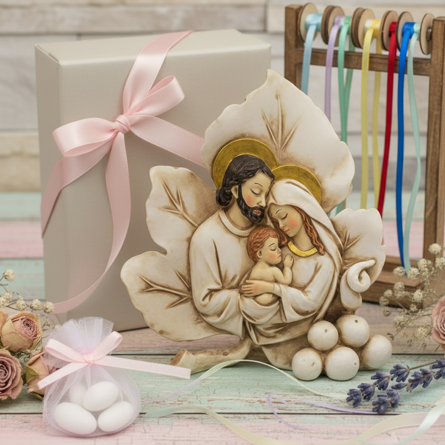 icona forma foglia particolare originale bomboniera sacra famiglia religiosa oggetto ricordino resina ceramica da confezionare per matrimonio battesimo comunione cresima battesimo scatola nastro rosa sacchetto pompon tulle confetti campionario nastrini colorati