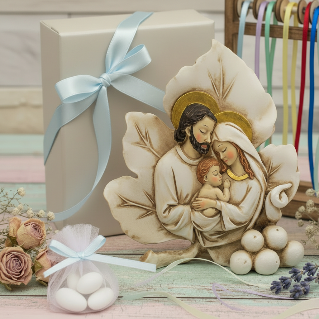 icona forma foglia particolare originale bomboniera sacra famiglia religiosa oggetto ricordino resina ceramica da confezionare per matrimonio battesimo comunione cresima battesimo scatola nastro celeste sacchetto pompon tulle confetti campionario nastrini colorati