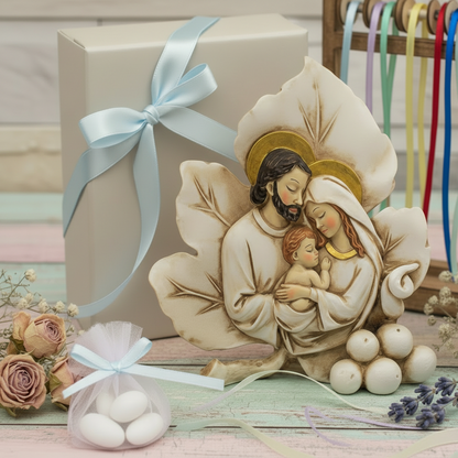 icona forma foglia particolare originale bomboniera sacra famiglia religiosa oggetto ricordino resina ceramica da confezionare per matrimonio battesimo comunione cresima battesimo scatola nastro celeste sacchetto pompon tulle confetti campionario nastrini colorati
