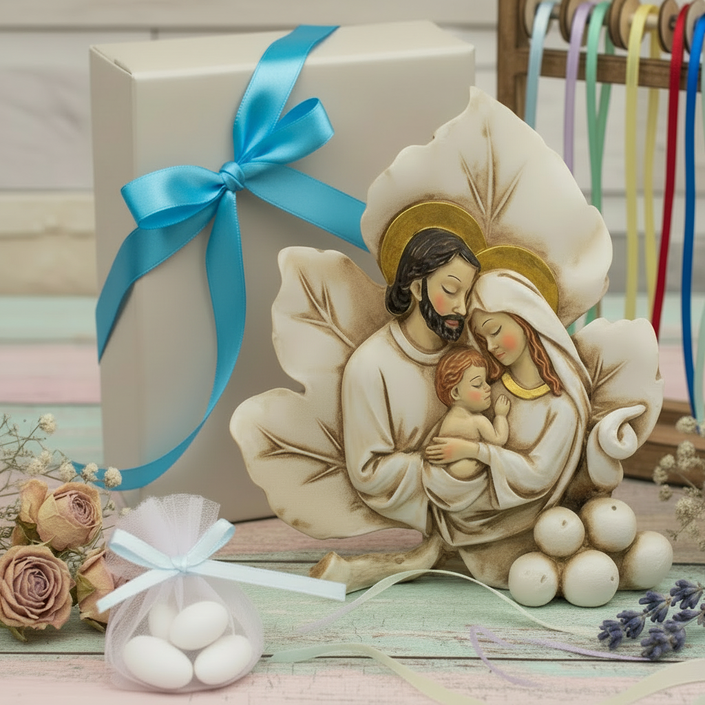 icona forma foglia particolare originale bomboniera sacra famiglia religiosa oggetto ricordino resina ceramica da confezionare per matrimonio battesimo comunione cresima battesimo scatola nastro turchese sacchetto pompon tulle confetti campionario nastrini colorati