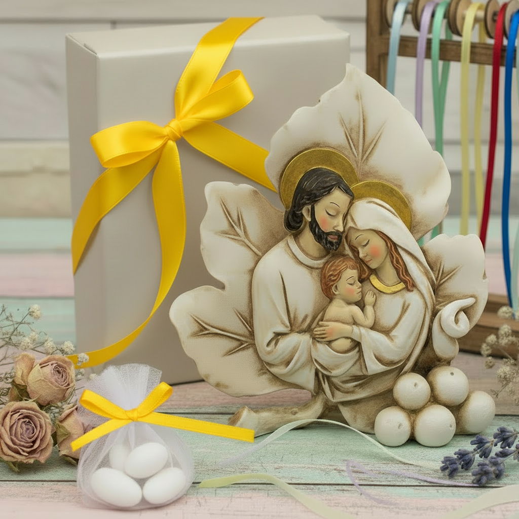 icona forma foglia particolare originale bomboniera sacra famiglia religiosa oggetto ricordino resina ceramica da confezionare per matrimonio battesimo comunione cresima battesimo scatola nastro giallo sacchetto pompon tulle confetti campionario nastrini colorati