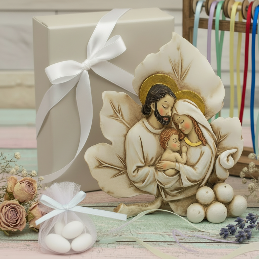 icona forma foglia particolare originale bomboniera sacra famiglia religiosa oggetto ricordino resina ceramica da confezionare per matrimonio battesimo comunione cresima battesimo scatola nastro bianco sacchetto pompon tulle confetti campionario nastrini colorati