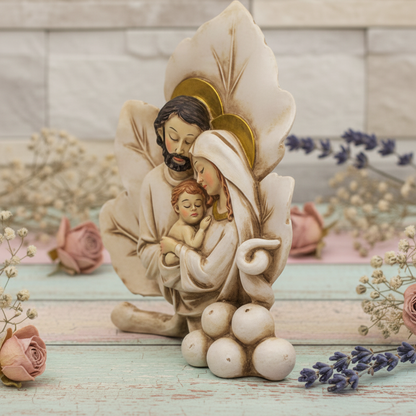 visione laterale regalo icona forma foglia particolare originale bomboniera sacra famiglia religiosa oggetto ricordino resina ceramica da confezionare per matrimonio battesimo comunione cresima battesimo