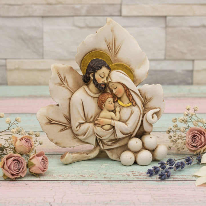 icona forma foglia particolare originale bomboniera sacra famiglia religiosa oggetto ricordino resina ceramica da confezionare per matrimonio battesimo comunione cresima battesimo