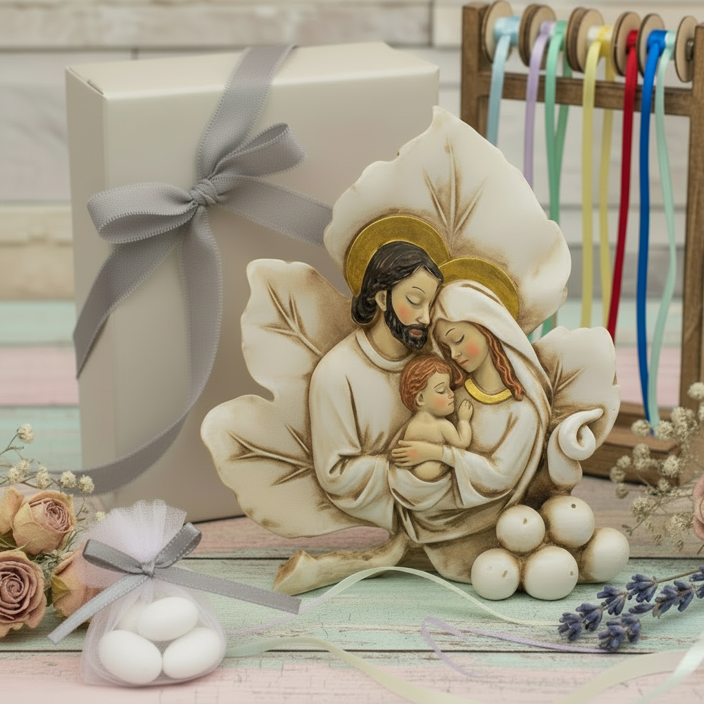 icona forma foglia particolare originale bomboniera sacra famiglia religiosa oggetto ricordino resina ceramica da confezionare per matrimonio battesimo comunione cresima battesimo scatola nastro grigio shabby sacchetto pompon tulle confetti campionario nastrini colorati