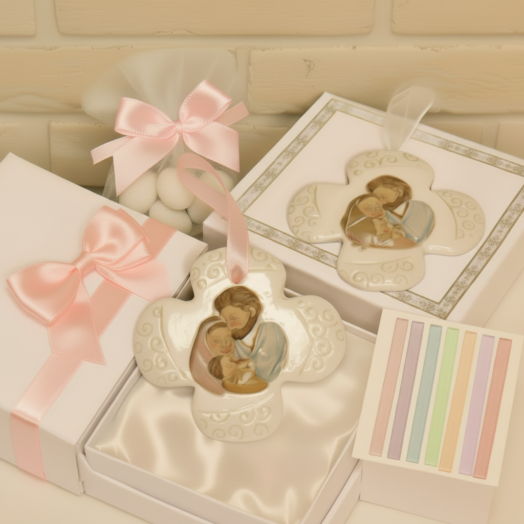 confezionamento artigianale icona  Comunione Cresima insieme bomboniera sacra religiosa ricordino Sacra Famiglia Croce di porcellana da appendere confezionata confetti tulle scatola astuccio e packaging rosa femmina ragazza bambina pastello
