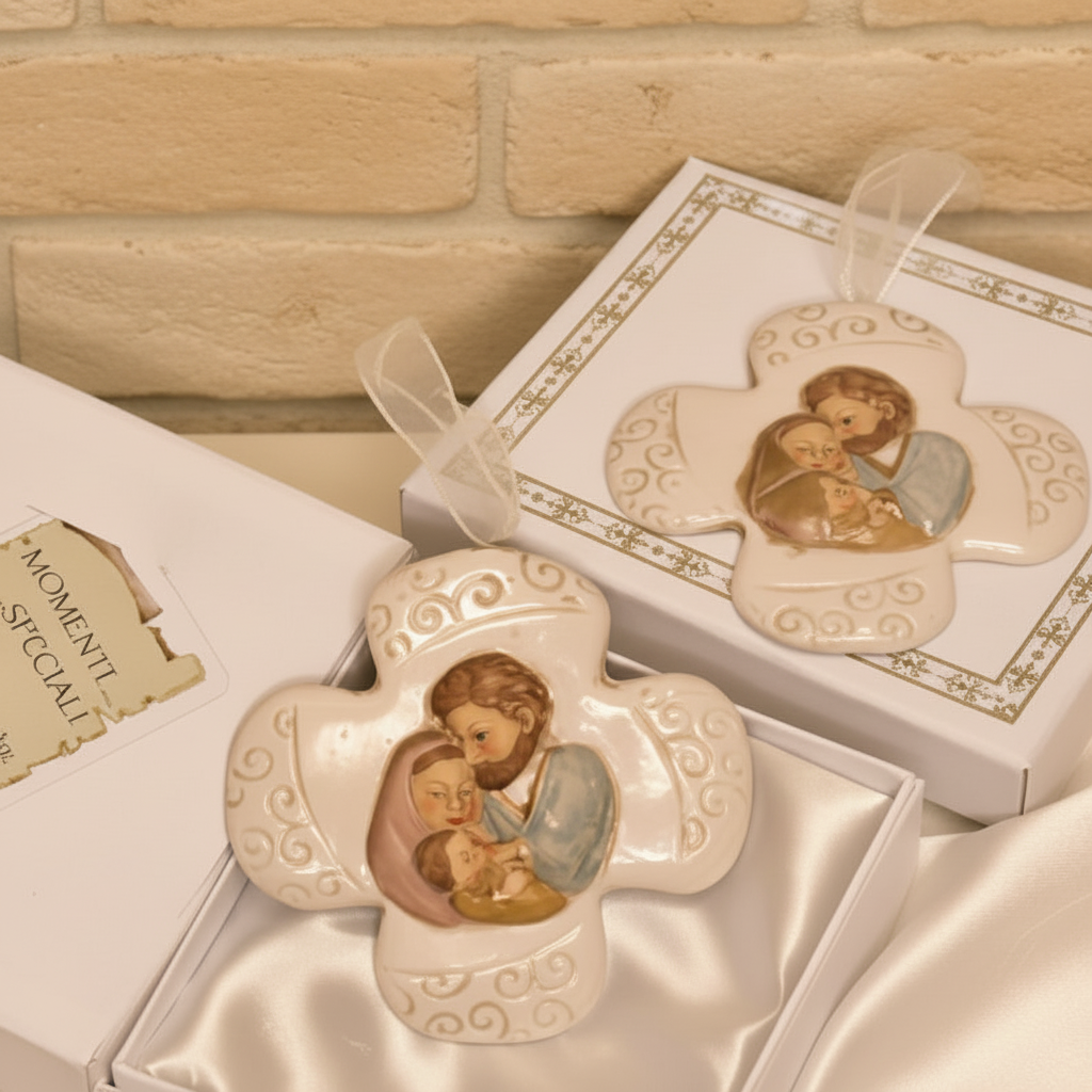 confezionamento artigianale icona  Comunione Cresima insieme bomboniera sacra religiosa ricordino Sacra Famiglia di porcellana da appendere scatola astuccio e packaging