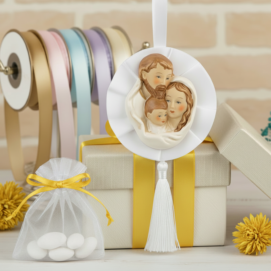 icona fiocco coccarda particolare originale bomboniera sacra famiglia religiosa oggetto ricordino porcellana da confezionare per matrimonio battesimo comunione cresima  scatola nastro giallo sacchetto confetti campionario nastrini colorati