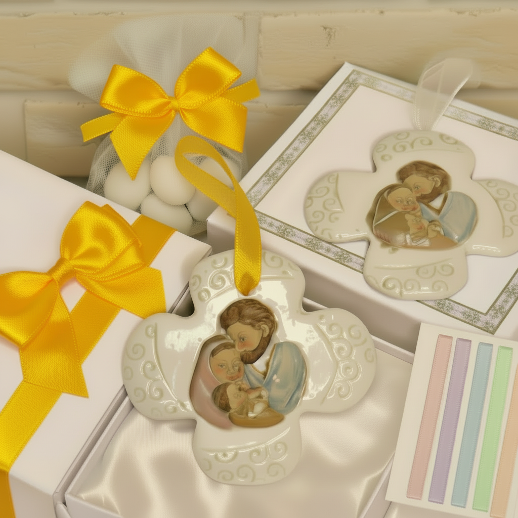 confezionamento artigianale icona Comunione Cresima insieme bomboniera sacra religiosa ricordino Sacra Famiglia Croce di porcellana da appendere confezionata confetti tulle scatola astuccio e packaging maschio ragazzo femmina ragazza colori pastello e giallo