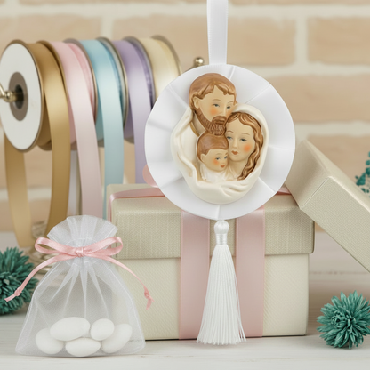 icona fiocco coccarda particolare originale bomboniera sacra famiglia religiosa oggetto ricordino porcellana da confezionare per matrimonio battesimo comunione cresima  scatola nastro rosa femminuccia sacchetto confetti campionario nastrini colorati