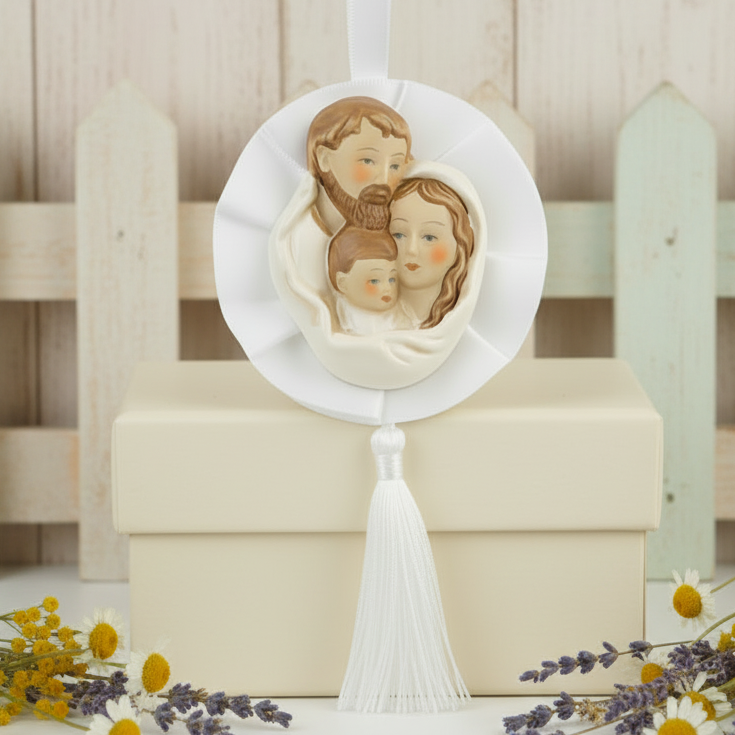 bomboniera Sacra Famiglia da appendere su fiocco coccarda con nappina bianca per Battesimo Comunione Cresima matrimonio anniversario
