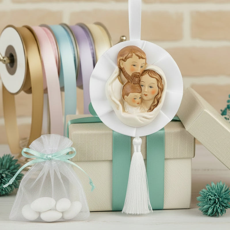 icona fiocco coccarda particolare originale bomboniera sacra famiglia religiosa oggetto ricordino porcellana da confezionare per matrimonio battesimo comunione cresima  scatola nastro verde-tiffani sacchetto confetti campionario nastrini colorati