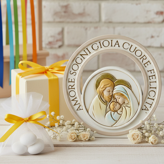 packaging giallo , amore sogni gioia cuore felicità scritte icona sacra famiglia sacra religiosa bomboniere comunione cresima battesimo matrimonio forma globo confezione scatola nastro confetti scelta colori allestimento fiori secchi