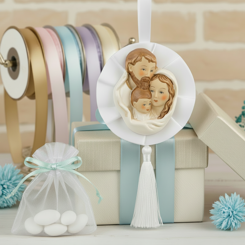 icona fiocco coccarda particolare originale bomboniera sacra famiglia religiosa oggetto ricordino porcellana da confezionare per matrimonio battesimo comunione cresima  scatola nastro celeste per maschietto sacchetto confetti campionario nastrini colorati