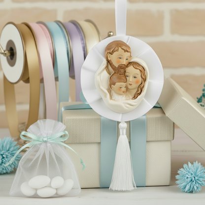 icona fiocco coccarda particolare originale bomboniera sacra famiglia religiosa oggetto ricordino porcellana da confezionare per matrimonio battesimo comunione cresima  scatola nastro celeste per maschietto sacchetto confetti campionario nastrini colorati
