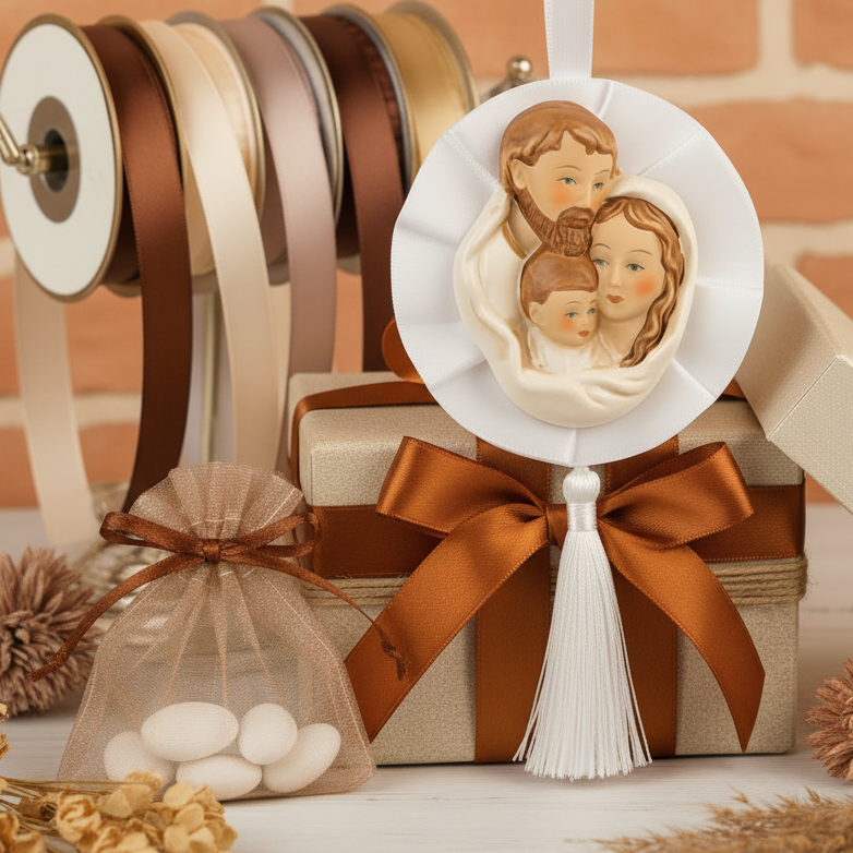 icona fiocco coccarda particolare originale bomboniera sacra famiglia religiosa oggetto ricordino porcellana da confezionare per matrimonio battesimo comunione cresima  scatola nastro colori della terra sacchetto confetti campionario nastrini colorati