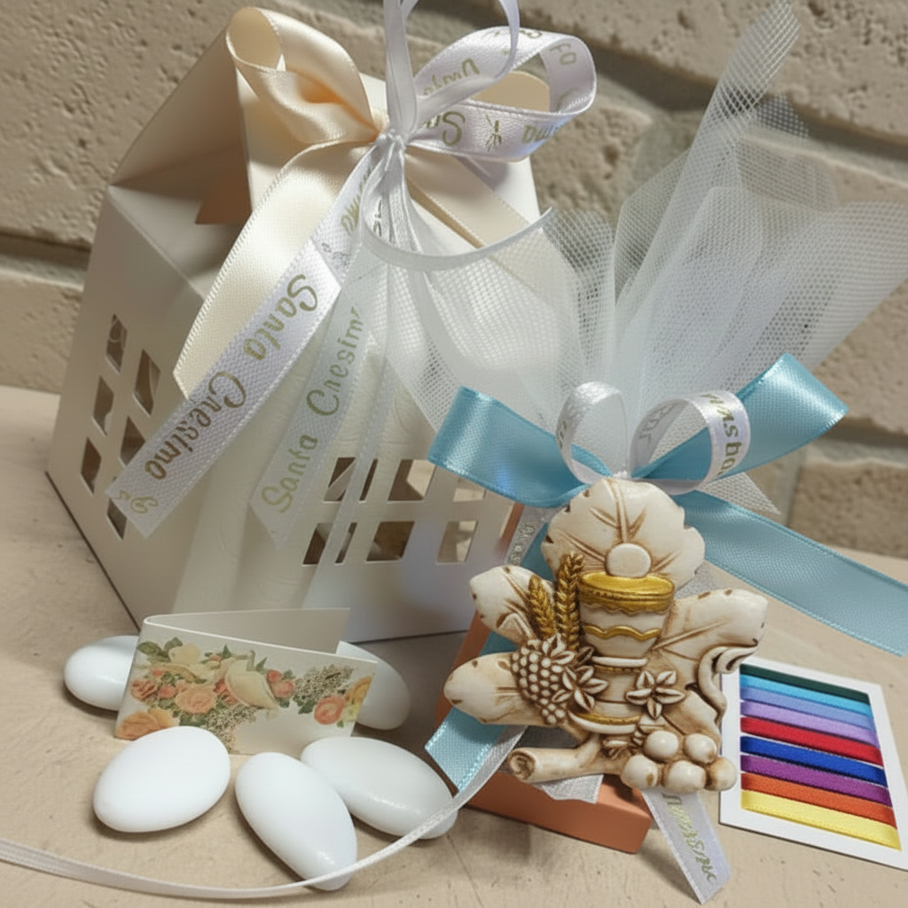 scelta colori per bambino maschio scatola casetta bianca per icona simboli Comunione calice uva Spighe Cresima bomboniera personalizzata confezionata o da confezionare fai da te nastrino stampato dorato scritta cerimonia bigliettino confetti coccarda
