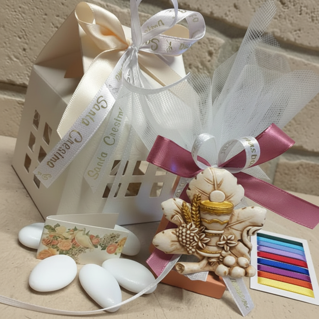 scelta colori maschio o femmina scatola casetta bianca per icona simboli Comunione calice uva Spighe Cresima bomboniera personalizzata confezionata o da confezionare fai da te nastrino stampato dorato scritta cerimonia bigliettino confetti coccarda