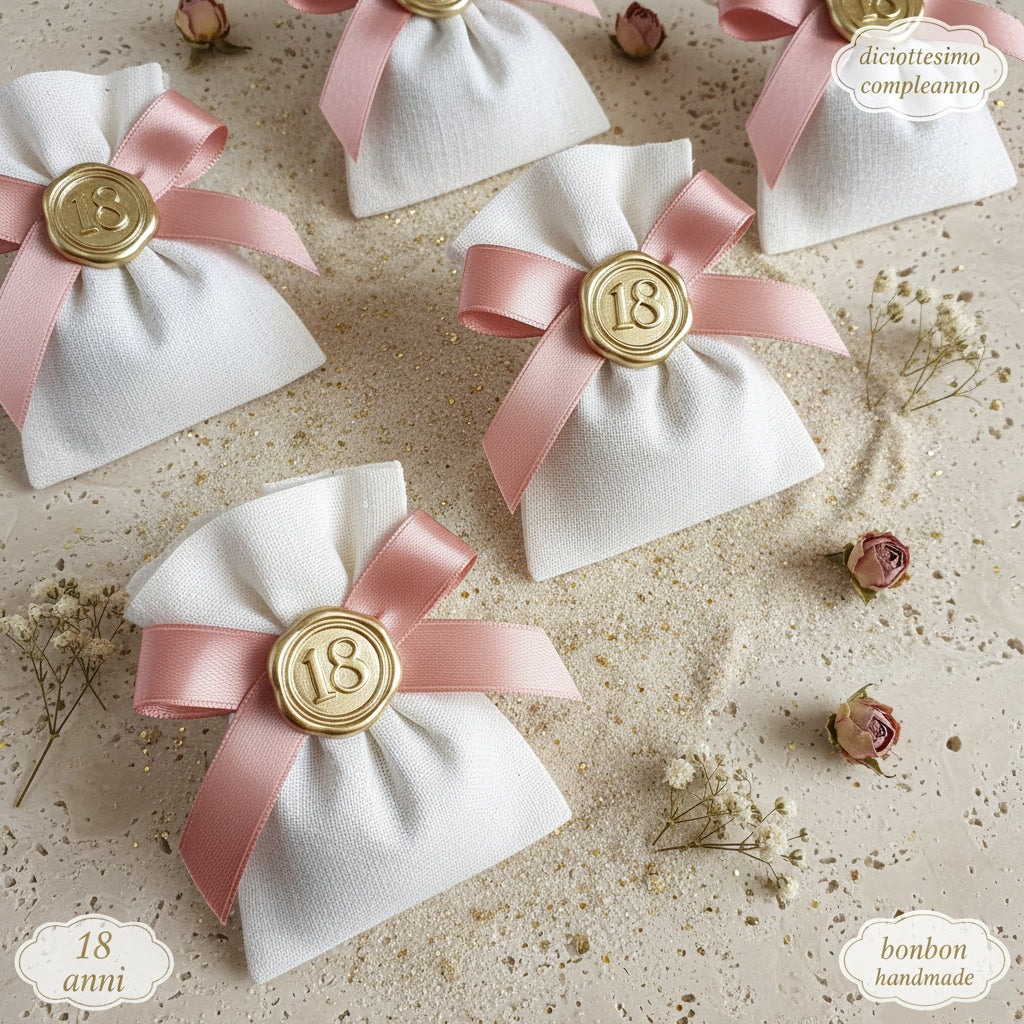 idea fai da te chiudi pacco applicazione adesiva numero 18 simil-sigillo ceralacca ad uso confezioni bomboniere diciottesimo compleanno sacchettini bianchi nastro rosa per festeggiare anni maggiorenne