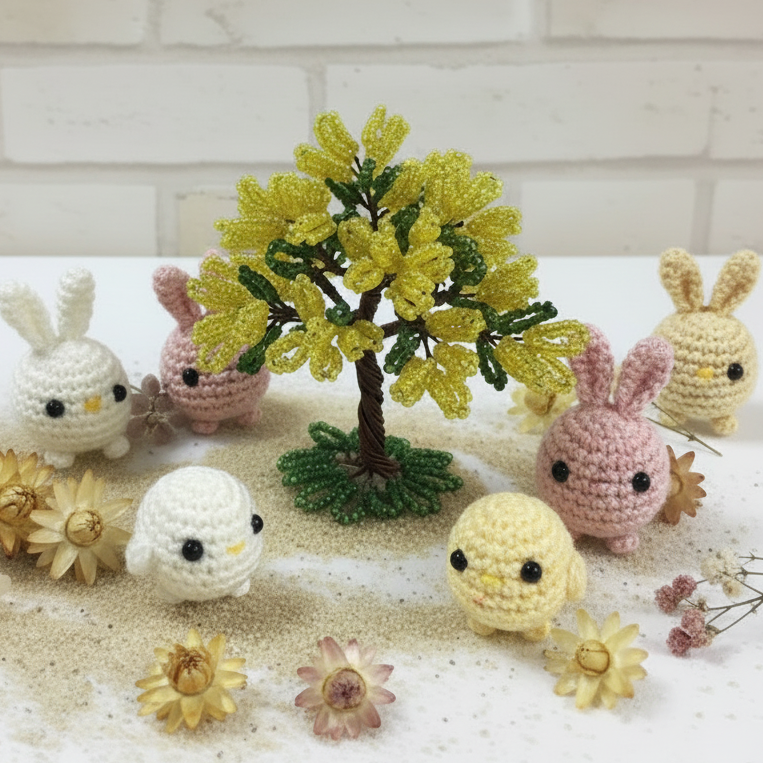 idea fai da te bonsai di perline pasquali festa della donna mimosa con amigurumi coniglietti pulcini