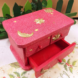 cofanetto 3 cassettini scomparti scatola portagioie legno rosso applicazioni firmamento stella luna sole idea regalo senza accessori