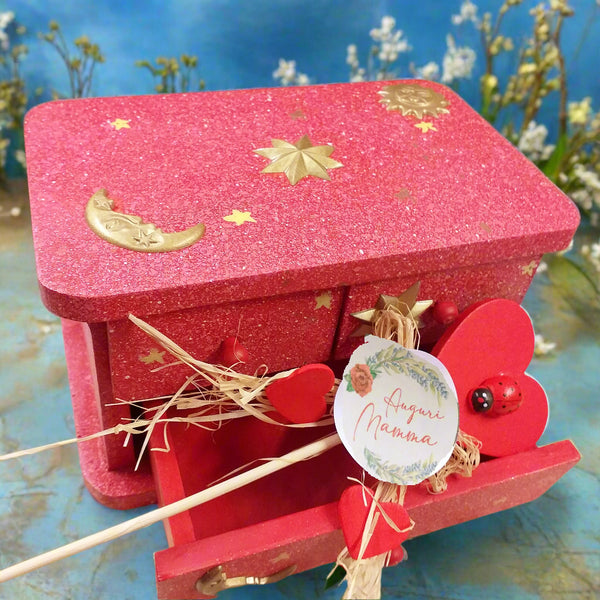 idea regalino originale festa della mamma scatola di legno portagioie stella luna sole pick fioristi auguri cuore coccinella rosso