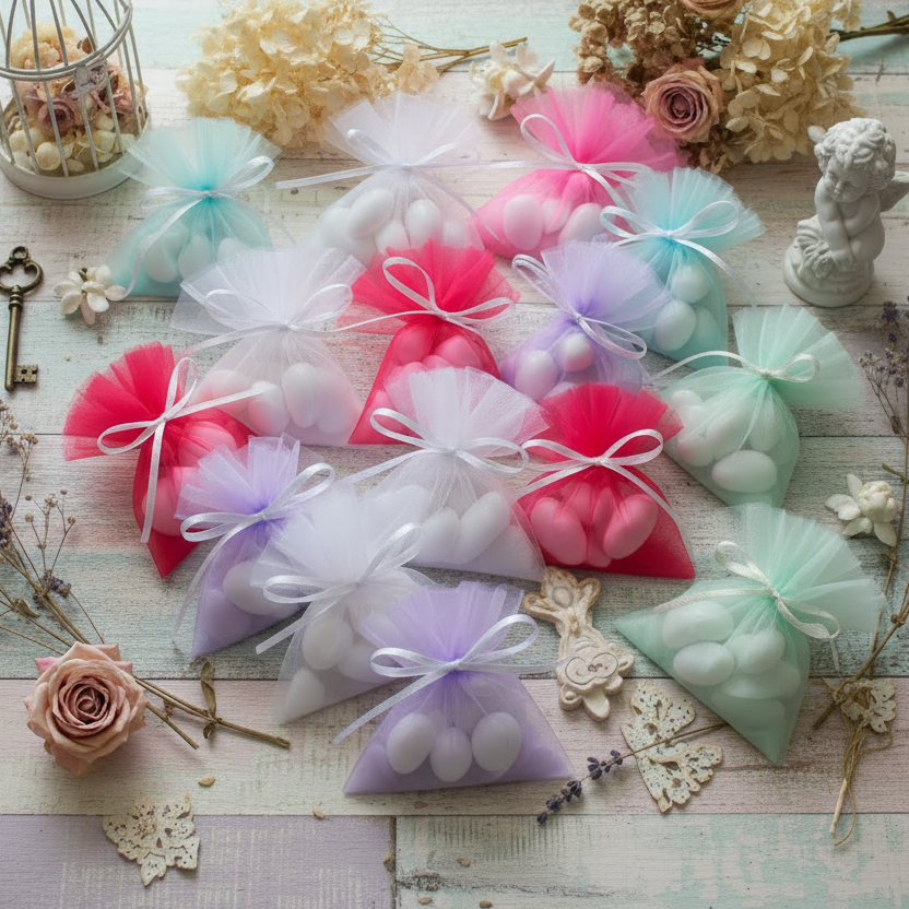 esempi come confezionare sacchetti di confetti con centrini tulle velo di fata rotondo, fai da te bomboniere matrimonio comunione cresima battesimo laurea