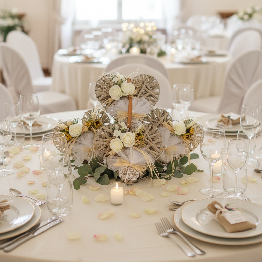 allestimento matrimonio petali candele rustico shabby segnaposto juta centrotavola bomboniere composizione cuori vimini rattan viticcio marroni naturali