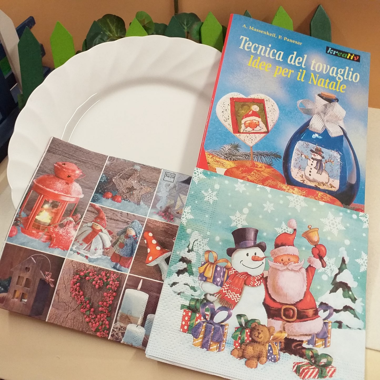 kit fai da te 2 tovaglioli piatto ceramica pupazzo di neve motivi piccoli avvento manuale tecnica tovagliolo idee natalizie