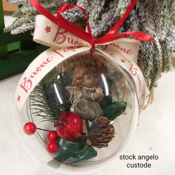 angelo custode verde con candela composizione pick pino pigna bacche rosse sfera pallina di plastica trasparente per albero di Natale idea regalo decorazioni addobbi nastro auguri buone feste