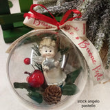 angelo pastello con stellina crema argento composizione pick pino pigna bacche rosse sfera pallina di plastica trasparente per albero di Natale idea regalo decorazioni addobbi nastro auguri buone feste