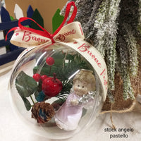 angelo custode stelline e lilla composizione pick pino pigna bacche rosse sfera pallina di plastica trasparente per albero di Natale idea regalo decorazioni addobbi nastro auguri buone feste